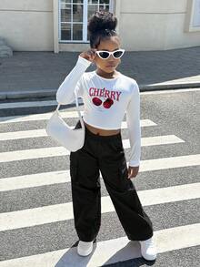 SHEIN Ensemble basique décontracté pour préadolescentes "Slayr" avec Top à col ras-du-cou à manches longues en tricot et pantalon droit en tissu - Noir et Blanc - View 2