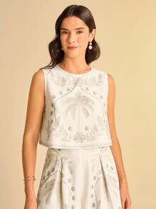 CAJUNI 女式杏色印花圆领无袖宽松短款印花衬衫，适合度假、约会、派对、夏季海滩