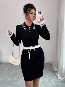 Elenzga 女式休闲领口抽绳腰部拼色毛衣裙，学院风，适合返校、圣诞节、新年、感恩节礼物 - 黑色 - 查看 1