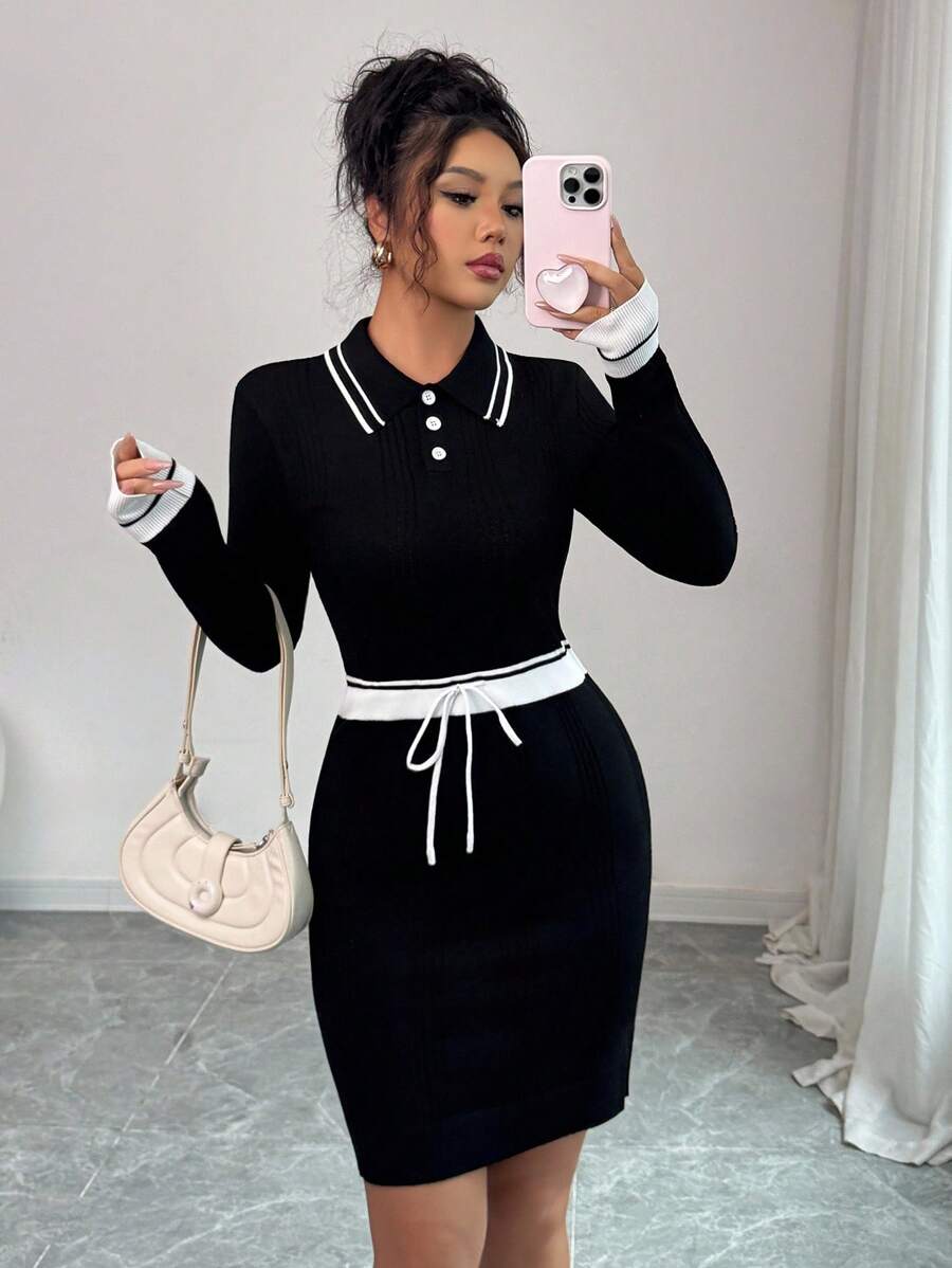 Elenzga 女式休闲领口抽绳腰部拼色毛衣裙，学院风，适合返校、圣诞节、新年、感恩节礼物 - 黑色 - 查看 1