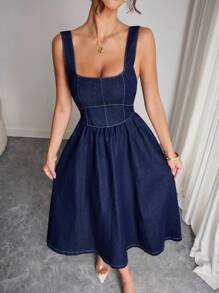 Elenzga 女式方领无袖束腰褶皱水洗牛仔连衣裙 - 深色水洗藍 - 查看 1