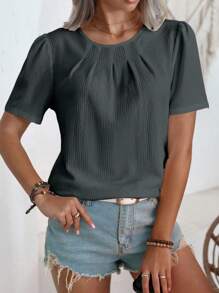 SHEIN LUNE 夏季休闲纯色泡泡袖衬衫 - 灰色 - 查看 4