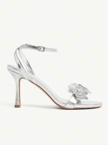 CUCCOO CHICEST 女士时尚山茶花仙子银色金属露趾绑带高跟凉鞋，适合夏季派对、下午茶 - 銀色 - 查看 4