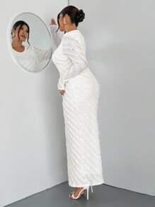 Firerie 大码女式白色浪漫优雅蕾丝提花长袖收腰鱼尾下摆长裙，优雅/办公室/度假/派对/约会/情人节/音乐会/表演/正式/高端宴会/舞会/婚礼季/性感/优雅/通勤/返校/度假/海滩/优雅浪漫/办公室美女/美人鱼风格/生日派对礼服