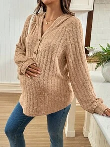 SHEIN 休闲居家聚会孕妇纯色插肩长袖抓绒卫衣冬季服装长袖外出上衣时尚棕色上衣 - 卡其色 - 查看 4