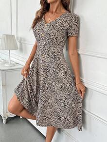 SHEIN Clasi Women's Fashionable Leopard Print Mid-Length Dress, Summer - Multicolor - View 5
