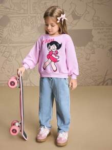 Astro Boy X SHEIN Sweat-shirt-shirt en tricot rose ample à manches longues avec épaules tombantes et motif graphique de personnage de dessin animé mignon pour jeune fille