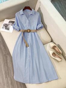 Franclia 女士条纹长袖单排扣口袋休闲长衬衫裙，适合大学秋季穿着。