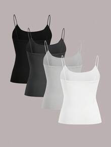 SHEIN EZwear 4 件套休闲纯色黑色、炭灰色、浅灰色、白色基本款吊带背心，适合春夏季 - 彩色 - 查看 2