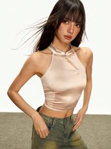 INAWLY 女士纽扣设计纯色短款合身旗袍式露背上衣，外出 - 奶油色 - 查看 2