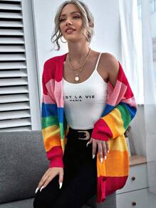 EMERY ROSE Cárdigan con botones y hombros caídos con rayas de arcoíris, cárdigan casual de mujer con cuello en V y hombros caídos, de talla grande, multicolor con rayas de arcoíris, para uso diario casual, de manga larga