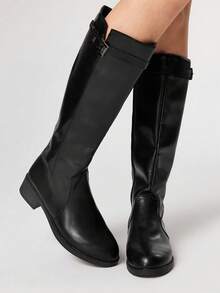 ROMWE Goth بوت نسائية عالية الكعب بتصميم بانك روك وجوث، جلدية بأصبع قدم مدبب وأبازيم، بوت طويلة - الأسود - مشاهدة 1