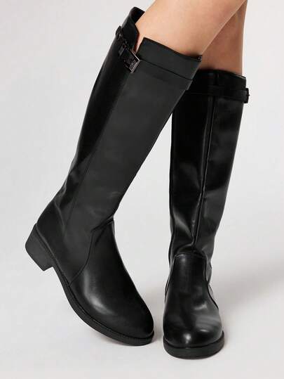 Goth Women's Dark Rock Punk Goth Boots, Leather High-Top Pointed Toe Buckle Long Boots