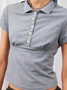 COUREZ Short Sleeve Fitted Polo Collar Top/Y2K Cute Going Out Tops Sexy - Grey - View 6