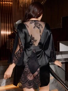 SilkySpell Plus Size Hollow Sexy Lace Backless Jacket, High-End Satin Comfortable Extremely Alluring Women Robe - Black - View 4