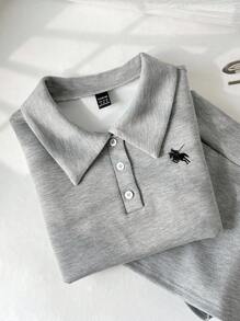 Elamini Women's Casual Minimalist Polo Collar Horse Embroidery Fitted T-Shirt + Mini Low-Waist Skirt Pants Set - Grey - View 6