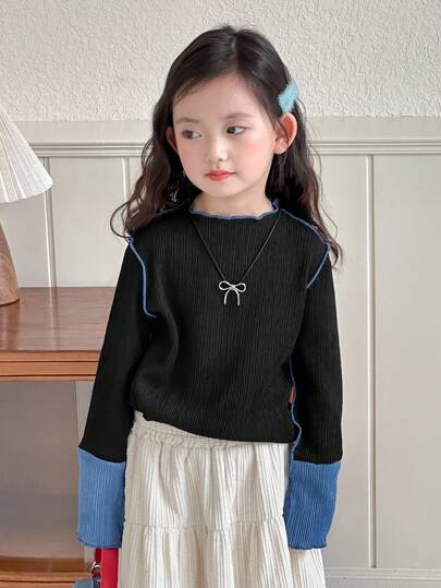 DAZY Young Girls Quilted Contrast Color Korean Style Casual Long Sleeve T-Shirt, Spring/Autumn