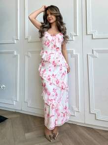 Jemour 女式花卉印花荷叶边吊带连衣裙，不对称荷叶边连衣裙，长款细肩带连衣裙，粉色花卉连衣裙，适合情人节、音乐会、演出、约会、派对、婚礼、性感、优雅、通勤、返校、度假、海滩、浪漫 - 彩色 - 查看 1