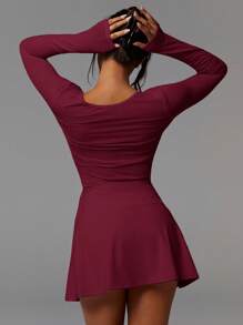 Athîral 女式纯色交叉V领长袖修身衬衫 - 玫瑰紅 - 查看 2