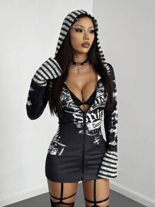 StreetHx Women's Halloween Punk Print Hooded Lightweight Jacket,Gothic Sweatshirt,Fall Y2k Women Concert - Black - View 6