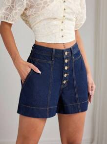Elenzga Summer Casual Button-Up Distressed Denim Shorts ,Elegant Lady