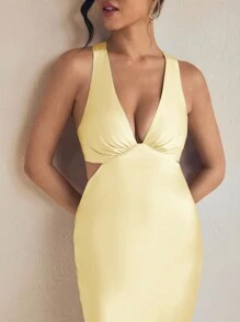 Amiko 浅黄色斜纹缎面吊带裙，搭配系带婚礼优雅连衣裙夏季度假 - 黃色 - 查看 5