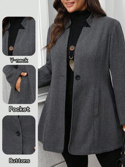EMERY ROSE 大码女士休闲单排扣口袋长袖大衣秋冬商务休闲女式大衣，灰色外套