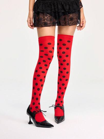 Kawaii 1 Pair Wine Red Classic Polka Dot Sexy Romantic Elegant Ladies Thigh High Socks, Suitable For Daily Matching, Shopping, Music Festivals, Etc.