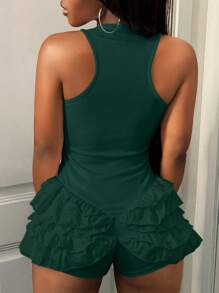 BamGleam 女式夏季休闲纯色荷叶边下摆无袖连体衣