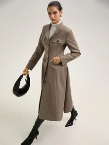 Aveloria Elegancki, rozkloszowany płaszcz z francuskim pasem i guzikami w kształcie rogu, długi, damski - Kolor khaki - Zobacz 4