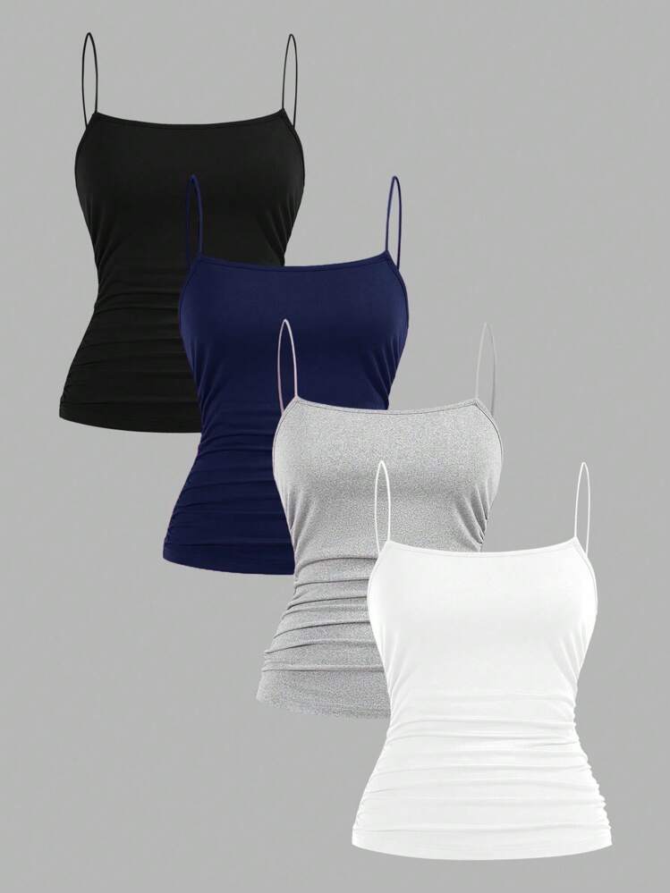 SHEIN EZwear 4 件套女式纯色侧褶修身休闲吊带背心套装，适合夏季 - 黑色、藏青色、灰色、白色 - 彩色 - 查看 1