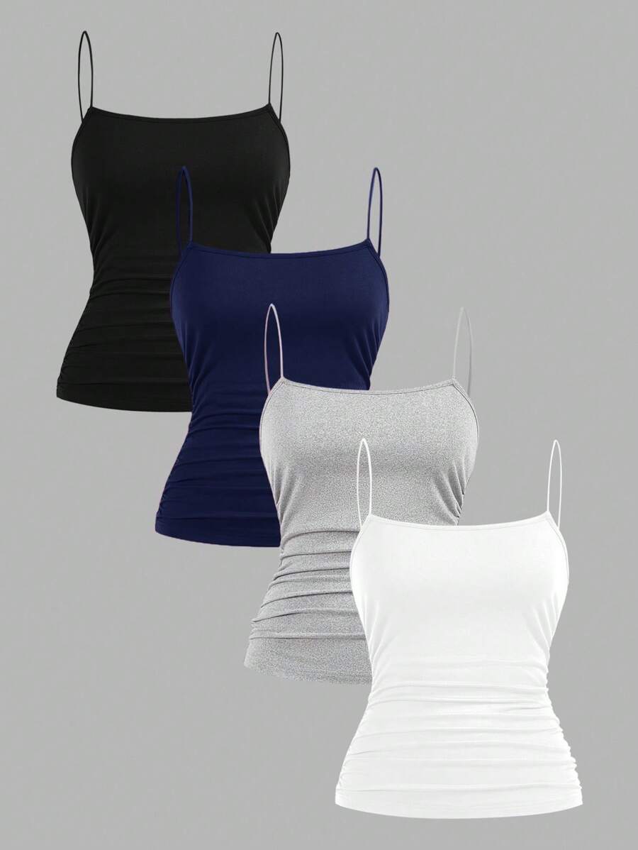 SHEIN EZwear 4 件套女式纯色侧褶修身休闲吊带背心套装,适合夏季 - 黑色、藏青色、灰色、白色 - 彩色 - 查看 1