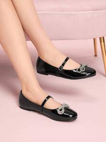 CUCCOO DOLLMOD Women's Black Patent Leather Rhinestone Bow Decor T-Strap Mary Jane Flats, Fashionable & Cute - Black - View 4