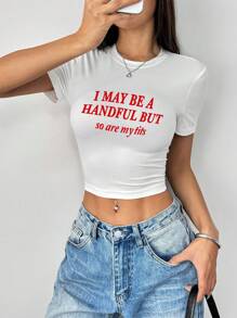 Rovax 女士大码休闲口号印花圆领短款 T 恤，夏季 - 白色 - 查看 3