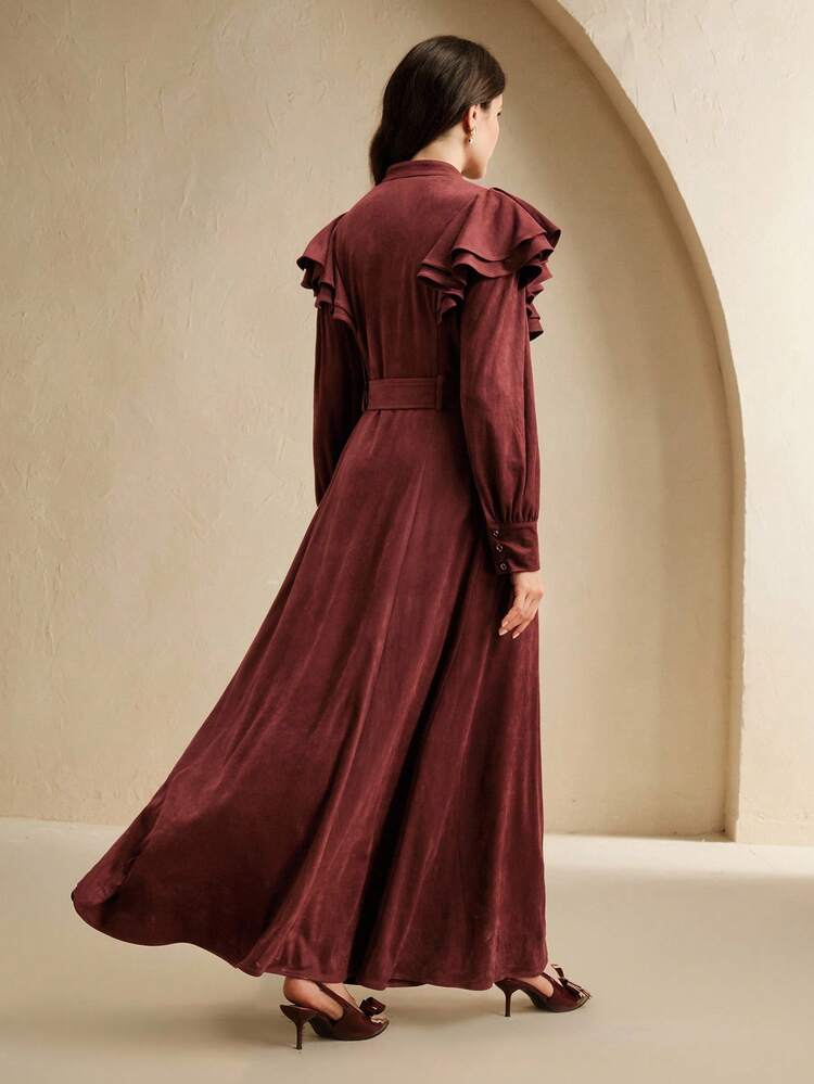 Women's Retro Suede Ruffle Collar A-Line Dress With Metal Buckle Belt, Elegant Solid Color Dress For Autumn/Winter