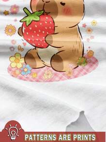 SHEIN Leap Crew 2 件套青少年女孩休闲草莓和水豚印花短袖圆领 T 恤搭配喇叭裤夏季套装 - 彩色 - 查看 5