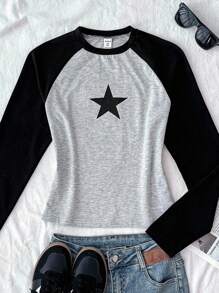 SHEIN 少女黑色插肩袖撞色星星印花长袖圆领T恤，返校季T恤，街头时尚百搭T恤，可爱上衣，长袖上衣，星星长袖T恤，黑白配色，适合秋冬季穿着 - 灰色 - 查看 2