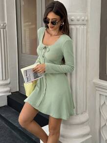 SHEIN LUNE 女式休闲纯色长袖迷你连衣裙 - 綠色 - 查看 4