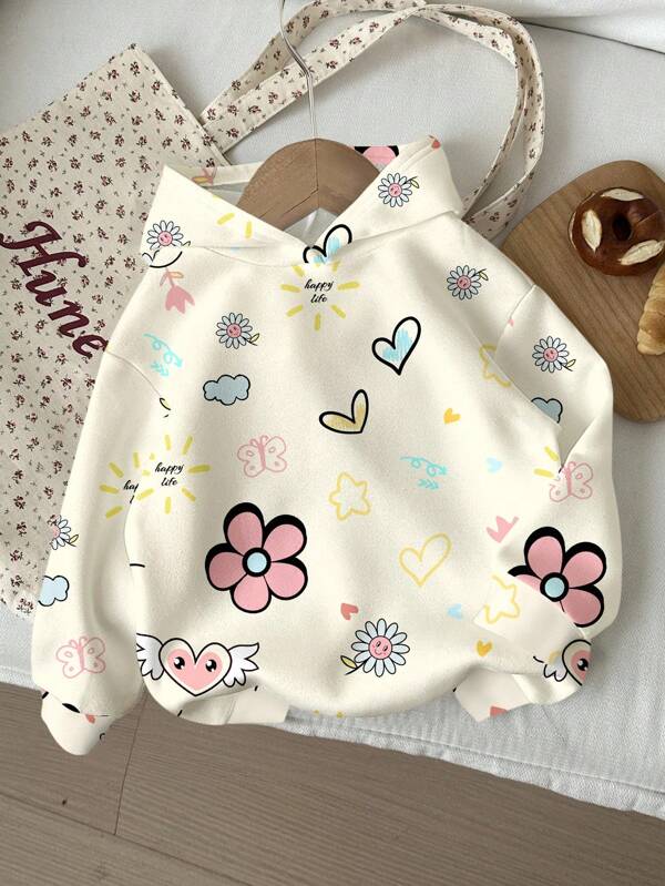 SHEIN Cartoon Heart, Flower, Butterfly Print Loose Fit Hoodie Sweatshirt, Beige&Apricot, Casual Comfortable Everyday Wear For Young Girls, Autumn/Winter