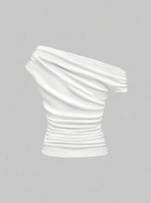 ROMWE Grunge Punk Áo thun ôm sát gợi cảm dành cho nữ, thiết kế bất đối xứng, họa tiết da báo và hình bộ xương, thích hợp cho Halloween. - trắng - Xem 2