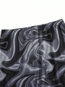 SHEIN EZwear Marble Print Lettuce Trim Skirt - Black and White - View 4