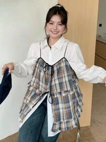 Dazy Plus Plaid Patchwork Bowknot Loose Casual Layered Plus Size Women Camisole And Tank Top - Multicolor - View 3