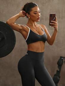 Slayform 撞色边露背吊带背心和无缝高弹力紧身裤女士运动套装健身套装露背运动胸罩健身套装 - 黑色 - 查看 4