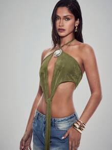 Denimoi Tie Front Cut Out Low Back Halter Top With Stone Necklace - Army Green - View 4