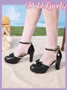Dola Lovely Zapatos de tacón alto estilo Lolita con decoración de perla y lazo, zapatos de plataforma de punta redonda estilo princesa dulce para mujer - Negro - Ver 2