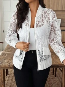 EMERY ROSE Áo khoác dài tay thanh lịch ren khóa kéo cỡ lớn - trắng - Xem 3