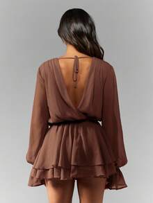 MISSGUIDED Chiffon Mini Party Dress Plunge Neck Long Puff Sleeve Tiered Ruffle Skirt Wrap Style Holiday Evening Fall Wedding Guest - Brown - View 2