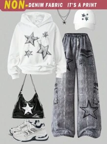 Set de 2 piezas para adolescentes: sudadera con capucha de manga larga y estampado de estrellas oversize, y pantalones anchos de cintura elástica cómodos, adecuado para uso casual