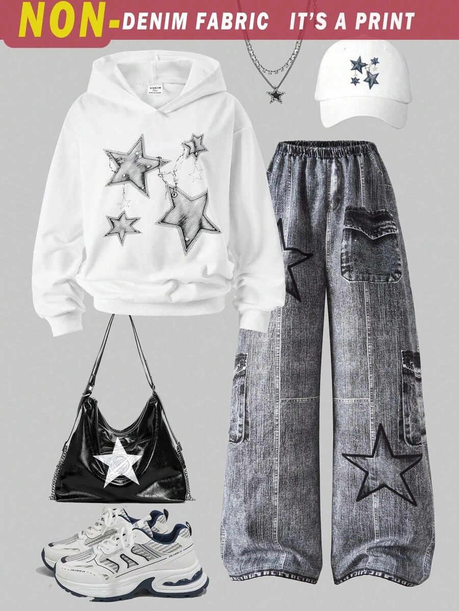 Set de 2 piezas para adolescentes: sudadera con capucha de manga larga y estampado de estrellas oversize, y pantalones anchos de cintura elástica cómodos, adecuado para uso casual