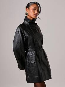 COSMINA Abrigo de trinchera de manga larga de unicolor y minimalista para mujer, chaqueta de cuero de uso diario para mujer en otoño/invierno